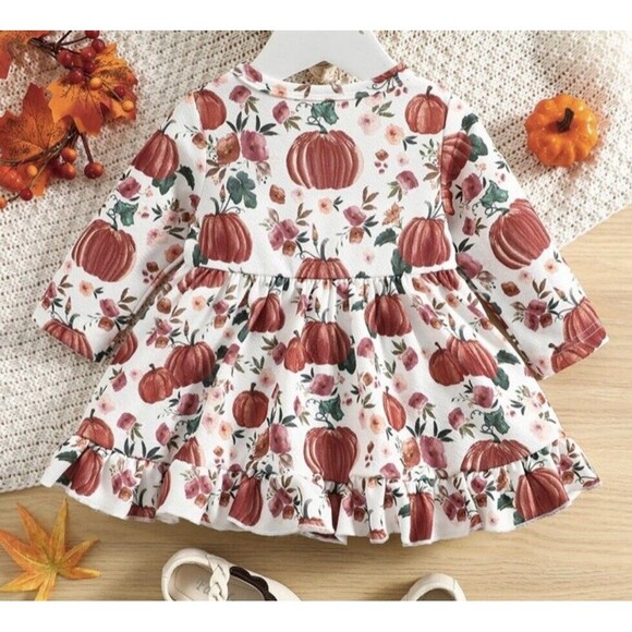Shein Pumpkin Dress Baby Girl 3-6 Months White Orange Long Sleeve Ruffle Holiday - Picture 9 of 9